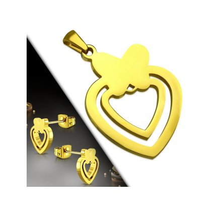 Dámsky oceľový set prívesok a náušnice v tvare srdca s motýlikom