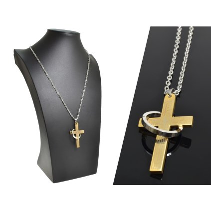 Oceľová retiazka s príveskom kríž s obručou v strieborno-zlatej farbe