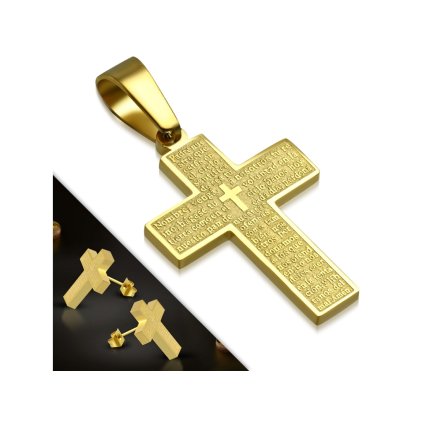 Oceľový set v zlatej farbe - prívesok a náušnice v tvare kríža s modlitbou