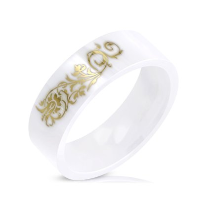 Prsteň keramická obrúčka bielej farby s kvetinovým vzorom/Prstene z chirurgickej ocele