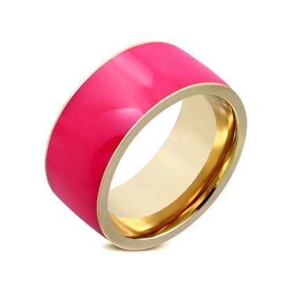 Prsteň zlatá obrúčka z chirurgickej ocele zdobený ružovým smaltom//Prstene z chirurgickej ocele