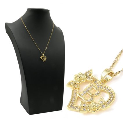 Retiazka s príveskom 'B' v zlatom srdiečku s kamienkami