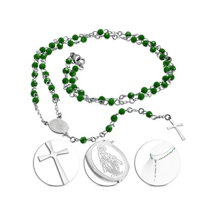 Ruženec z chirurgickej ocele v striebornej farbe so zelenými guličkami - 3 mm