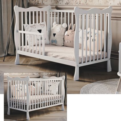 Bílá dětská postýlka Julia s bočnicí – bezpečné místo pro klidný spánek.