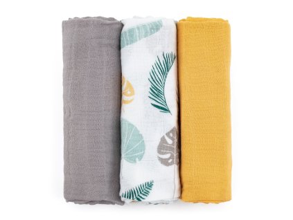 PETITE&MARS Sada plienok bambusová mušelínová 3ks Moussy Ochre Leaves, 68 x 68 cm (Varianta PETITE&MARS Sada plienok bambusová mušelínová 3ks Moussy Ochre Leaves, 68 x 68 cm)