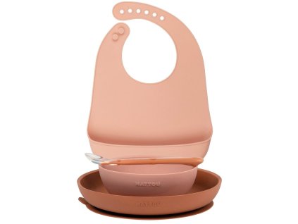 NATTOU Set jedálenský silikónový s podbradníkom 4 ks ružový bez BPA (Varianta NATTOU Set jedálenský silikónový s podbradníkom 4 ks ružový bez BPA)