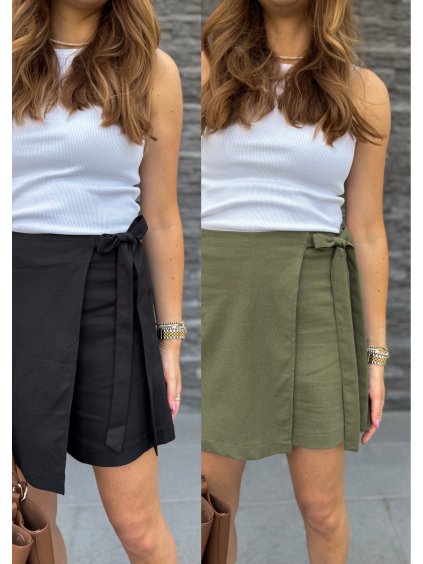 Lněný skort BLACK/KHAKI