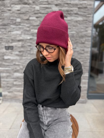 Pletená čepice s kašmírem BURGUNDY