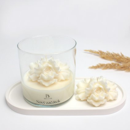 Sójová svíčka Nový začátek ve sklenici s květem irisu pro rituál Očištění – Belum