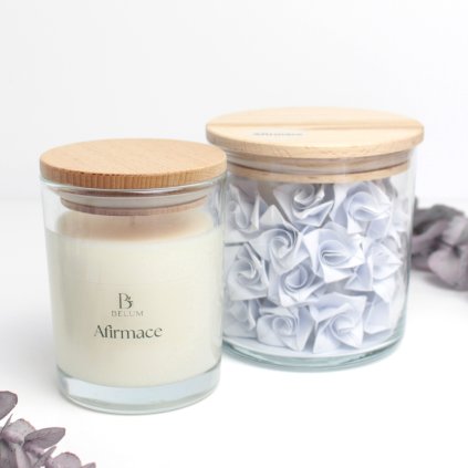 Malá sada Afirmace se sojovou svíčkou, sklenicí a průvodcem rituálem