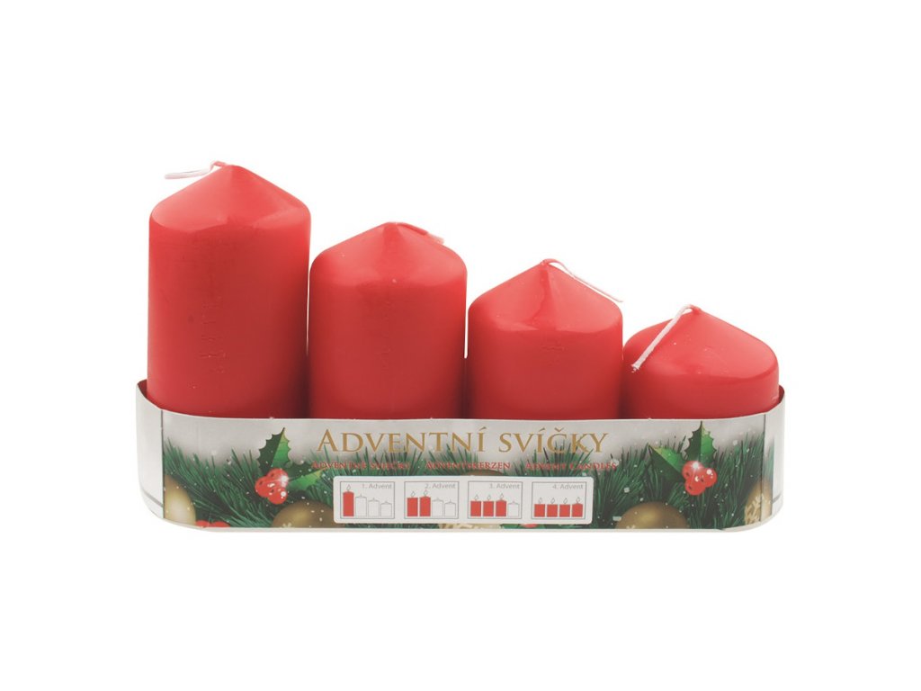 Adventní svíce válec červená postupka 50, 75, 90, 105 x 50 mm, 4 ks