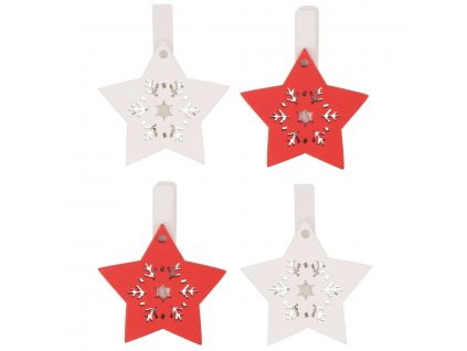 Hvězda dřevěná na kolíčku 4,5 cm, červená a bílá, 4 ks