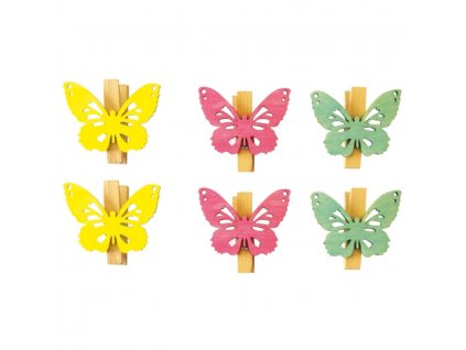 Dřevění motýli s kolíčkem 4 cm, 6 ks