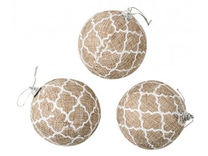 Baňky jutové s bílým dekorem 8 cm, 3 ks - polystyren