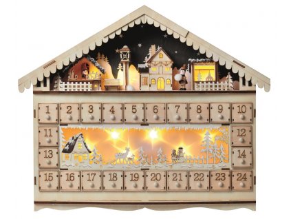 Adventní kalendář dřevěný 49 x 40 cm, 10 LED teplá bílá + časovač