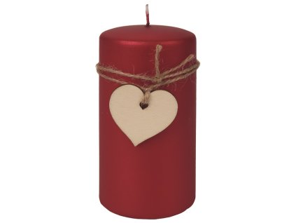 Svíčka červená s dřevěným srdcem válec 7 x 14 cm, 48 hodin