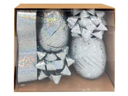 Sada na balení dárků stříbrná, rozeta 5 x 2 x 5 cm 4 ks, stuha 0,5 cm x 10 m 2 ks, stuha 2 cm x 2 m