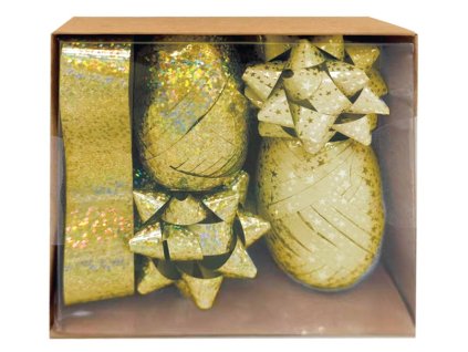 Sada na balení dárků zlatá, rozeta 5 x 2 x 5 cm 4 ks, stuha 0,5 cm x 10 m 2 ks, stuha 2 cm x 2 m