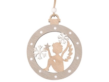 Dřevěná baňka s andělem dřevěný na zavěšení 10 x 12 x 0,5 cm