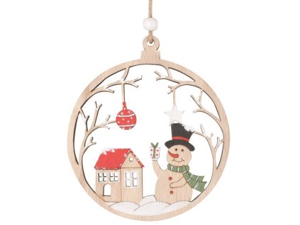 Dřevěný kruh se sněhulákem na zavěšení 11 x 12,5 x 0,5 cm, červený