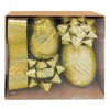 Sada na balení dárků zlatá, rozeta 5 x 2 x 5 cm 4 ks, stuha 0,5 cm x 10 m 2 ks, stuha 2 cm x 2 m