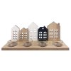 Dřevěný svícen na 4 svíčky s domky černá, bílá, přírodní 12 x 20 x 9,5 cm