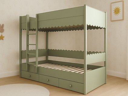 Pat supraetajat pentru copii BABUSHKA cu scară pe stânga 90x200 cm (Alegeti culoare Măsline)
