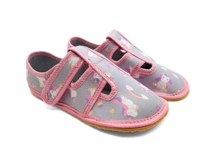 KTR Raweks barefoot bačkory pro holky šedé s jednorožcem a duhou Beny Shoes