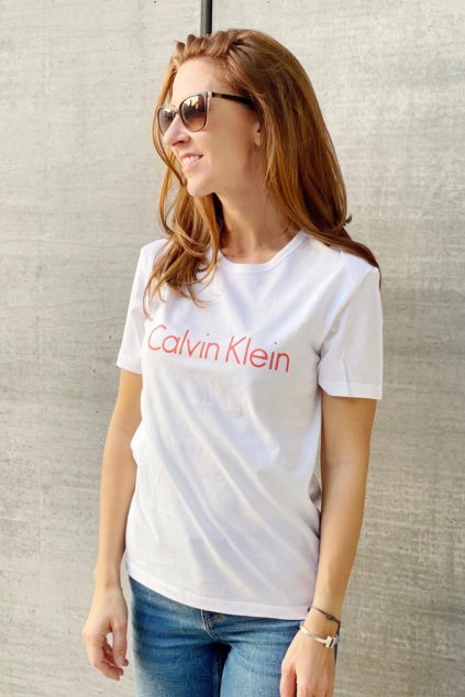 Calvin Klein Logo tričko dámské - bílé s oranžovým nápisem