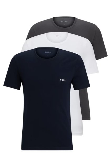 BOSS trička pánská 3-balení - bílá, tmavě šedá, modrá