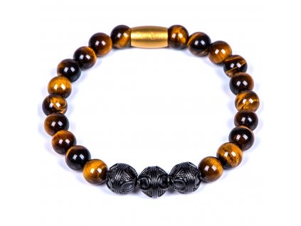 Luxusní pánský korálkový náramek Premium Tiger eye hnědé tygří oko AAAAAA chirurgická ocel černá zlatý prvek Be Rare
