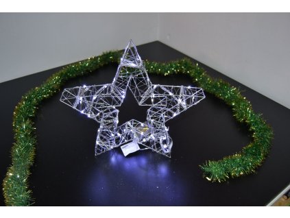 PRC Vánoční osvětlení, drátěná hvězda na baterie 35cm, dvjojitá, stříbrná