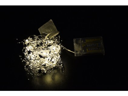 PRC Vánoční osvětlení, girlanda na baterie, stříbrné hvězdičky, 2m, teple bílá
