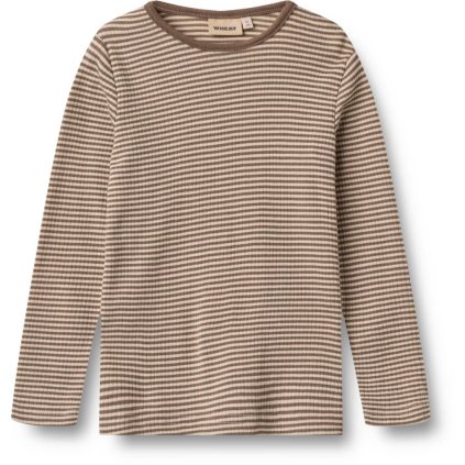 Dětské triko s dlouhým rukávem z merino vlny hnědé Wheat - Wood stripe