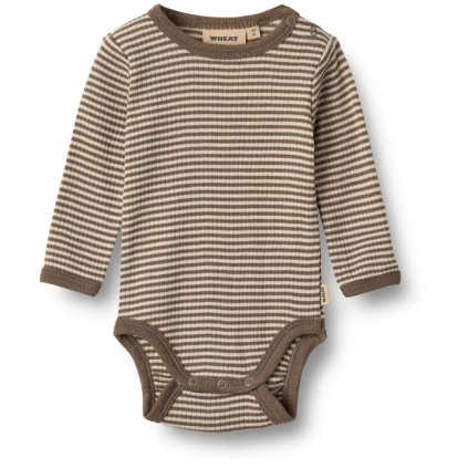 Merino body dětské dlouhý rukáv Lucca Wheat - hnědé wood stripe