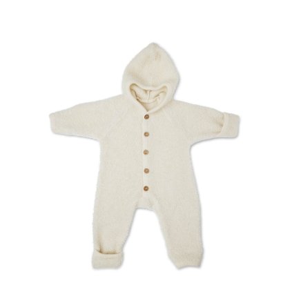 Merino overal bouclé pro děti s kapucí a ohrnovacími náplety Smallstuff - off white