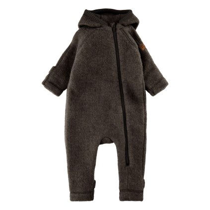Merino overal na zip s oušky pro děti Mikk-Line - hnědý Dark Brown Melange
