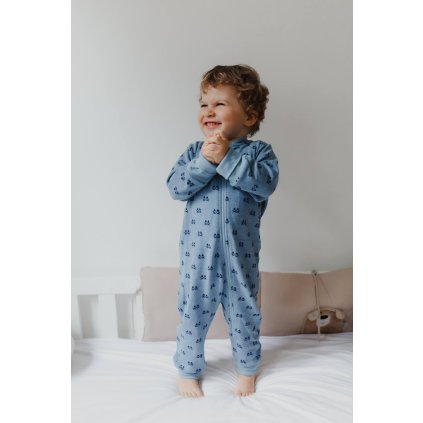 Dětský rostoucí overal/pyžamo ze 100% merino vlny Jaquard SAFA - modrý