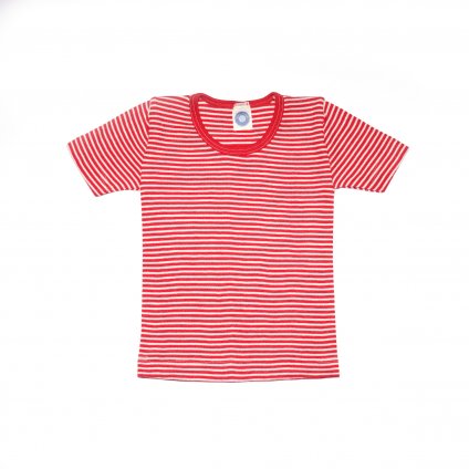 Dětské triko s krátkým rukávem z merino vlny a hedvábí červený proužek Cosilana