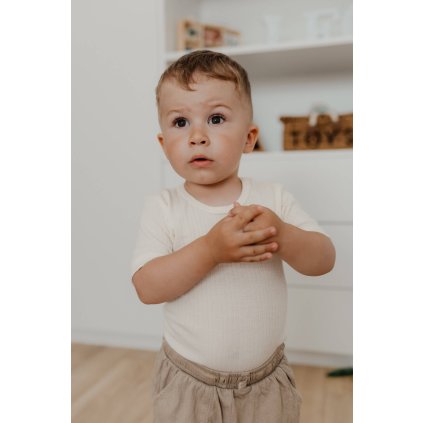 Dětské triko s krátkým rukávem z merino vlny a hedvábí krémové Cosilana