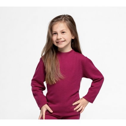 Dětské triko s dlouhým rukávem ze 100% merino vlny třešňová barva SAFA