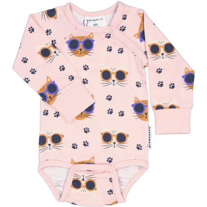 Bambusové body dětské s dlouhým rukávem růžové Pink Cool Cats Geggamoja
