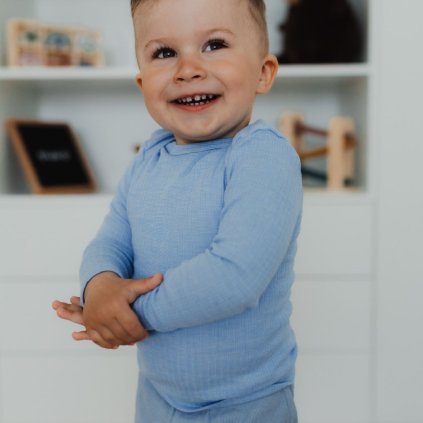 Dětské triko s dlouhým rukávem z merino vlny, bavlny a hedvábí modrý melír Cosilana 91033