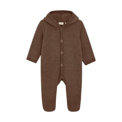 Merino overal celotělový s kapucí s oušky na knoflíky hnědý Rain Drum Melange Fixoni
