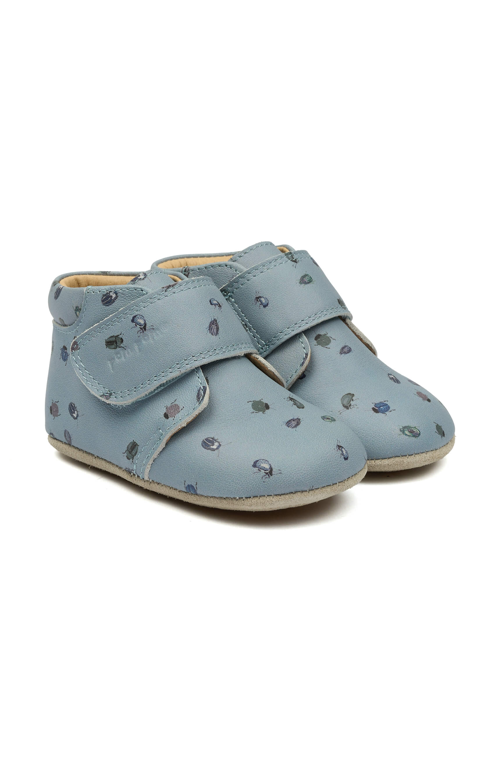 POM POM Dětské kožené barefoot capáčky Pom Pom® Beginners™ - modré Beetle AOP Velikost: 25