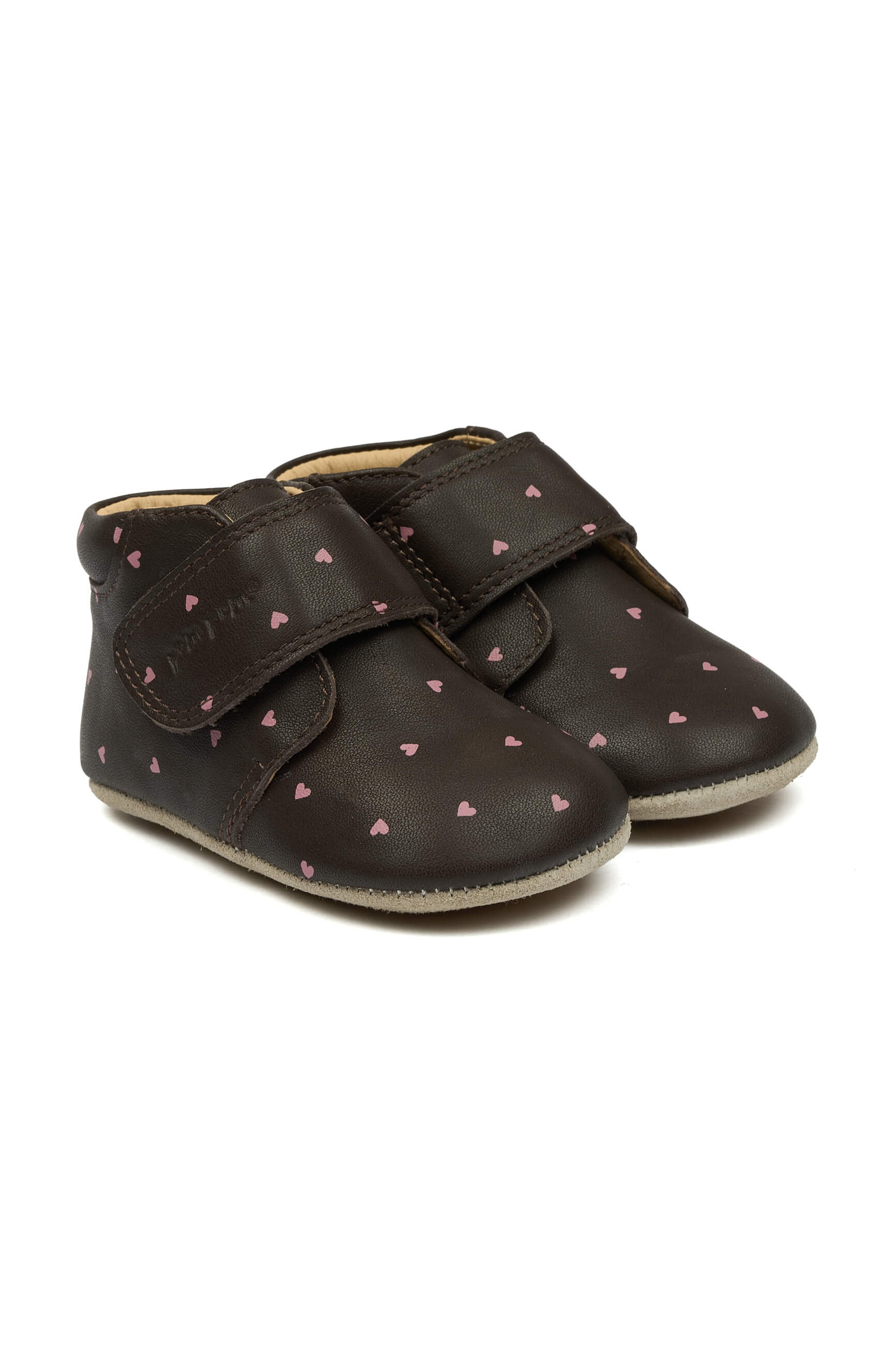 POM POM Dětské kožené barefoot capáčky Pom Pom® Beginners™ - hnědé Heart AOP Velikost: 25