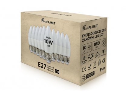 10x LED žárovka - ecoPLANET - E27 - 10W - svíčka - 880Lm - studená bílá