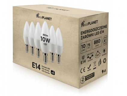 6x LED žárovka - ecoPLANET - E14 - 10W - svíčka - 880Lm - studená bílá