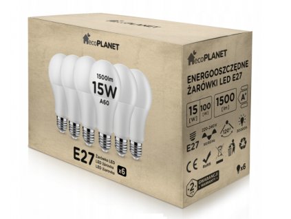 6x LED žárovka ecoPLANET - E27 - A60 - 15W - 1500Lm - studená bílá