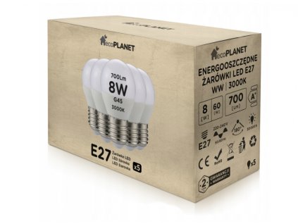 5x LED žárovka E27 - G45 - 8W - 700lm - teplá bílá